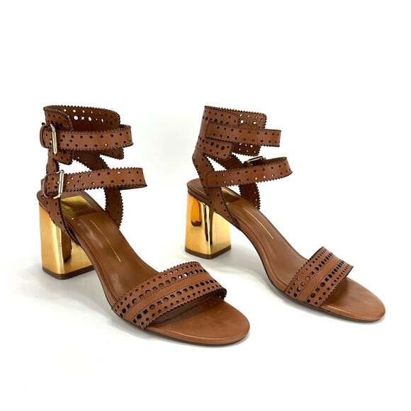 Dolce Vita Straps Sandal Sz 9.5 Brown Leather Gold Block High Heel Laser-Cut New - Picture 15 of 15